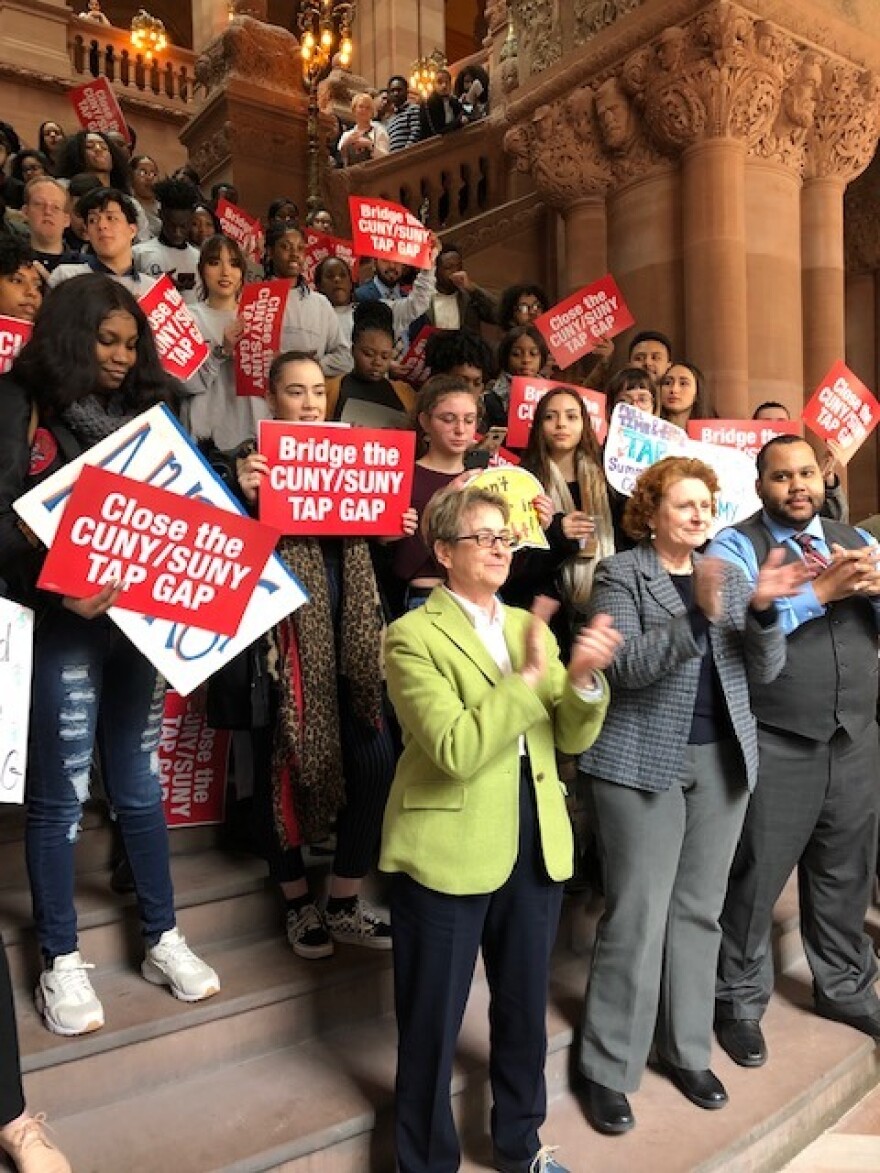 Assembly Higher Education committee chairperson Deborah Glick, center, rallies with students seeking changes to the state's tuition assistance program on March 6.